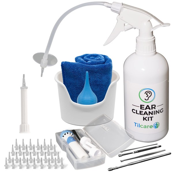 Ear Wax Vacuum Removal Tool by Tilcare - Ear Irrigation Flushing System for Adults & Kids - Perfect Ear Cleaning Kit - Includes Electric Vacuum Tool, Basin, Syringe, Curette Kit, Towel and 30 Tips