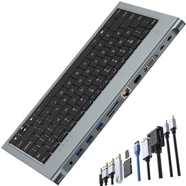 Zunate USB HUB Wired Computer Keyboard, 11 in 1 USB C Hub Keyboard, 78 Keys USB C KeyHub Multi Function Hub Keyboard Docking Station with 4K HDMI VGA USB3.0 USB C 100W RJ45 SD Card Slot