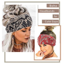 Aceorna Boho Bandeau Headbands Wide Knot Hair Scarf Floral Printed Hair Band Elastic Turban Thick Head Wrap Stretch Fabric Cotton Head Bands Thick Fashion Hair Accessories for Women Pack of 3 (Ornate)