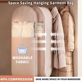 Space Saving Hanging Garment Bag with Self Compression Zipper, Space Saving Hanging Protector for Down Coat, Space Saver Closet Organizers (Beige, L)