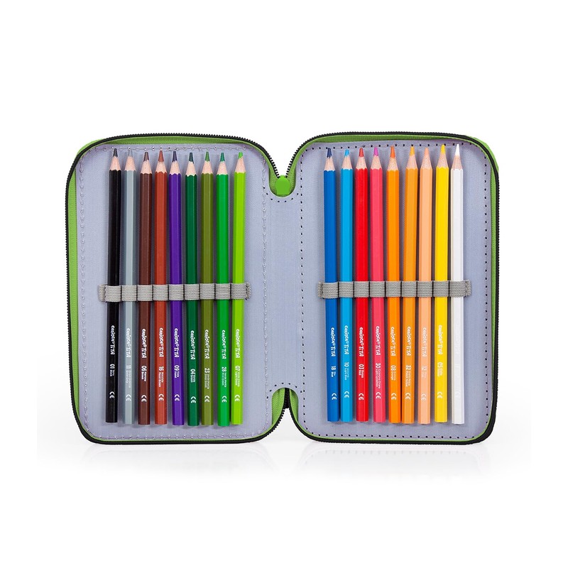 L'ERBAVOGLIO Original 3 Zip School Pencil Case Complete with 44