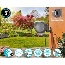GARDENA 8055-100 Foot Wall Mounted Retractable Reel with Hose Guide, Automatic retraction for Easy Watering