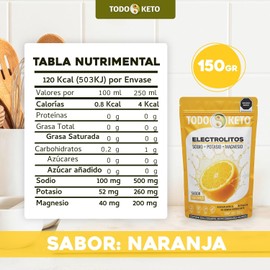 Electrolitos en Polvo TODO KETO 150g 30 Porciones Con Stevia Sin Azúcar Sodio, Potasio y Magnesio Sin Edulcorantes Artificialies Sin Colorantes Runners, Ciclismo y Gym. (Naranja) Naranja, 30 porciones, con sodio potasio magnesio, endulzado con stevia, sin
