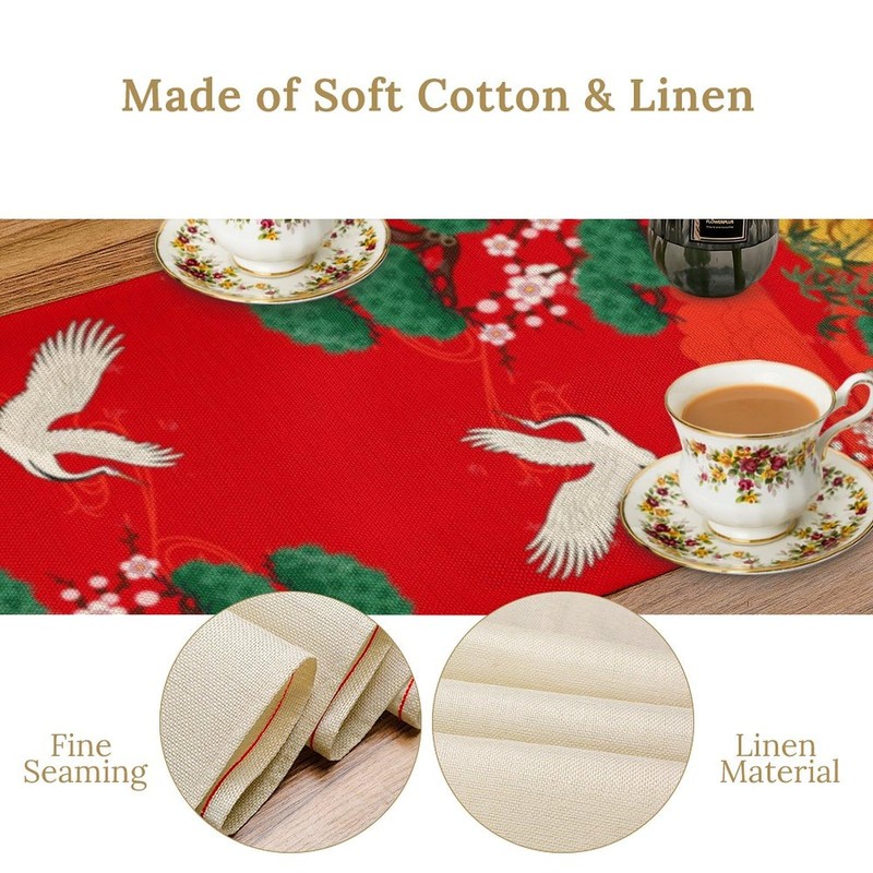 Houselerax Japanese Cherry Blossom Crane Table Runner,Asian Pine Tree Crane