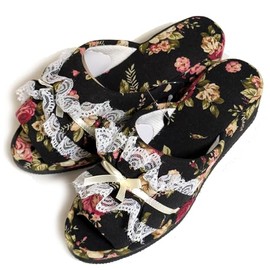 Basics PT-2293 Women's Heel Slippers, Stylish, Rococo Style, Flowers, Rose, Lace, Indoor, Lightweight, Silent, 2.0 inches (5 cm), Heels, Beautiful Legs, Pantalon Slippers, Black, Medium