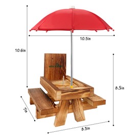 MIXXIDEA Squirrel Feeder Picnic Table with Tall Umbrella, Wooden Squirrel Feeders for Outside, Cute Chipmunk Feeder with Corn Cob Holder, Solid Structure, Thick Wood (Rustic Brown Red Umbrella)