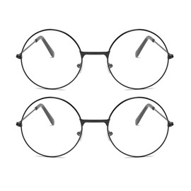 LOMYLM 2 Pairs Round Circle Glasses with Black Metal Frames Clear Lens, Retro Fancy Dress Wizard Glasses 60s 70s Festival Cosplay Costume Accessories for Teenagers Adults