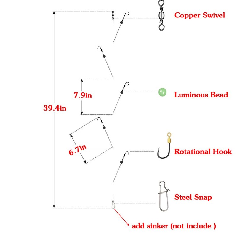 Fishing Hook with Leader,5 Hooks Fishing Rig-7 Strands Nylon Coated