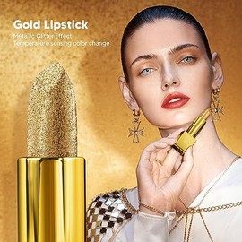 Maquillaje Brillo Metálico Lápiz Labial Dorado de Larga Duración Hidratante Temperatura Cambio de Color Lápiz Labial Cosméticos