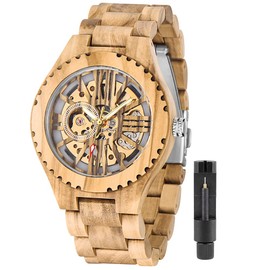 Tiong Fashion Men's Wooden Mechanical Skeleton Watches, No Battery Wooden Strap Watch for Men, Roman Large Numeral Dial Wooden Mechanical Watches