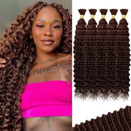 Chocolate Brown Human Braiding Hair - Deep Water Wave, 160g, 14 Inch, Color4, Curly, Boho Braids, No Weft, 5 Braids Per Pack, Wet and Wavy