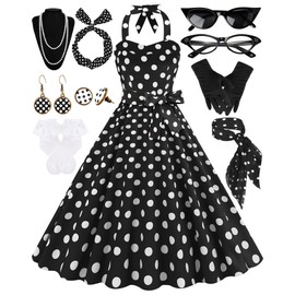 Women's 1950s Polka Dress Set Audrey Vintage-inspired Cocktail Halter Swing Dress with Accessories 10PCS Black-XL