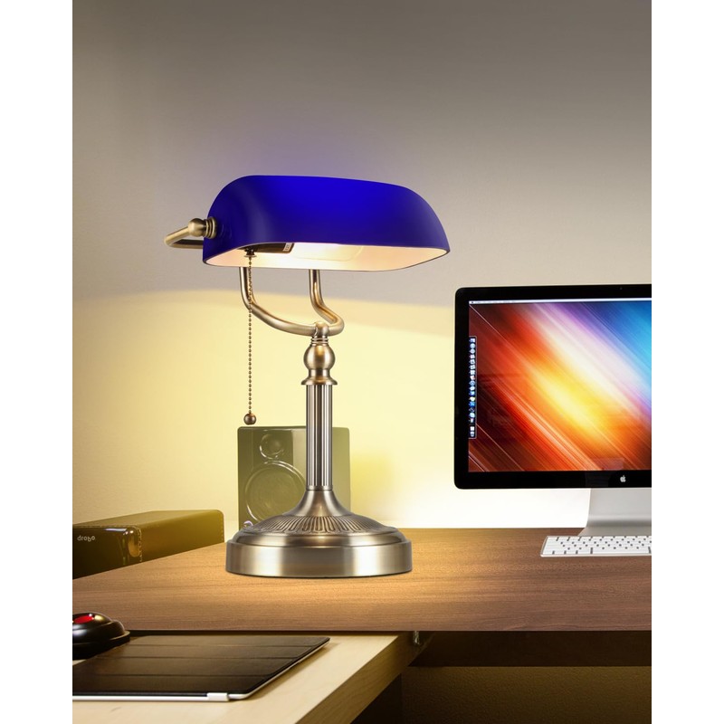 Newrays Blue Glass Bankers Desk Lamp with Pull Chain Switch