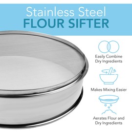 Vollum Stainless Steel Flour Sifter 8" Diameter x 2.5" High; Mesh-Hole Size 0.3mm