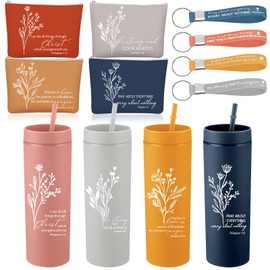 Fumete 4 Set Christian Gifts for Women 16oz Bible Verse Skinny Cup Religious Makeup Cosmetic Bag Inspirational Silicone Keychain Christian Easter Gifts for Holy Week Mother's Day(Bright Color)