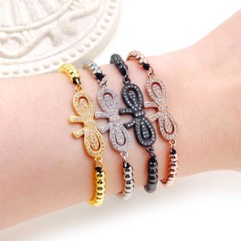 Oneress Noble Gold Plated Bow Tie Charm Stretch Bracelet with Brass Beaded Link Chain and Cubic Zirconia, Happiness Jewelry Gifts for Women YA4866