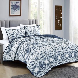Jaba 3-Piece Fine Printed King Size Quilt Set, All-Season Bedspread, Enyo Coverlet with Pillow Shams Bed Cover (Navy Blue, Grey, Abstract Motifs)