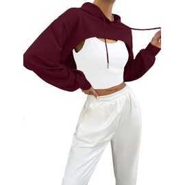 Hilinker Women's Long Sleeve Cropped Hoodie Workout Drawstring Super Crop Tops Burgundy Large