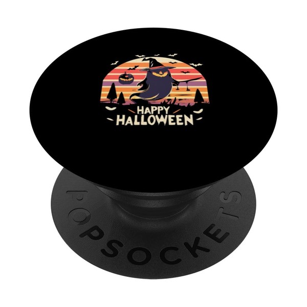 Retro Happy Halloween Witch Riding Broom for kids PopSockets Standard