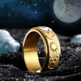 King Will Mens Fidget Ring Old Gold 8mm Stainless Steel Ring Spinner Ring For Men Women Stress Anxiety Relief Rotating Ring Finger Teens Toy Moon Sun Star Comfort Fit For Unisex Adults 9
