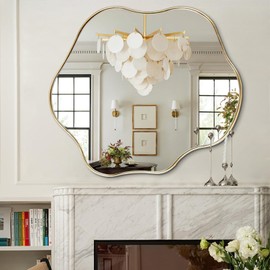 DAOYIJIAJU Gold Irregular Mirror, Scalloped Rounded Mirror, 30"x26.8" Asymmetrical Wall Mirrors, Waved Decorative Mirrors for Living Room Bathroom Bedroom Hallway Entryway Fireplace