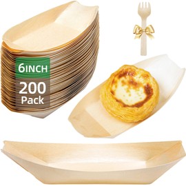 Suwodpak 200-Pack Wooden Disposable Plates 6 IN Boat Plates Food Trays Disposable Dessert Plates Disposable Food Boats for Party Weddings Picnic (Actual Size Used: 3.39" D x 1.97" W x 0.63" H)