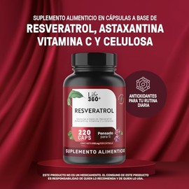 LIFE 360+ Resveratrol | 220 Cápsulas | Antioxidante de 1024 Miligramos | Astaxantina, Vitamina C y Celulosa | Suplementos Alimenticios | 110 Porciones