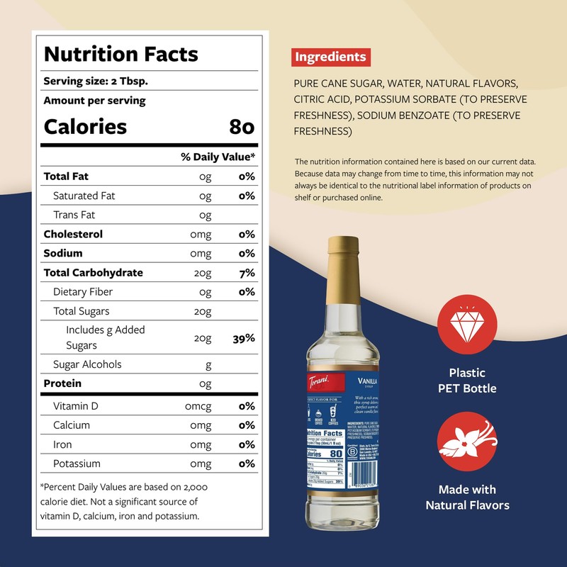 Torani Coffee Syrup, Vanilla Flavored Syrup for Drinks, Pump Included,