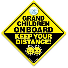 Grandchildren On Board Car Sign Keep Your Distance, Yellow Diamond Warning Sign with Suction Cup, 14 x 14 cm
