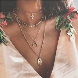 TseenYi Boho Multilayer Necklace Choker Gold Cross/Moon Pendant Coin Multilayer Long Necklaces Fashion Necklaces Summer Beach Jewellery for Women and Girls (Pack of 1)
