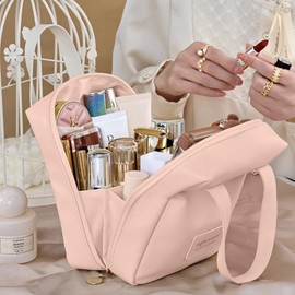 Doffistate Makeup Bag for Women, Large Waterproof Vegan Leather Cosmetic Case with Multiple Pockets & Carry Handle, Pink, Large Waterproof Vegan Leather Cosmetic Case With Multiple Pockets & Carry