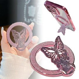 Butterfly Bling Magnetic Phone Ring Holder for MagSafe,Cellphone Support Metal Ring Holder Finger Grips for All Smartphones (pink)