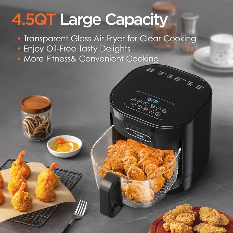 4.5QT Large Air Fryer – See-Through Glass, 360° Hot Air