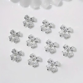 10Pcs Bow Nail Art Charms 3D Bowknot Nail Charms Silver Metal Bow Nail Supplies Cute Nail Jewels Accessories Shiny Ribbon Nail Rhinestones Bow Nail Gems for Women DIY Valentines Nail Art Decoration