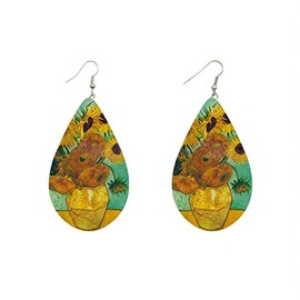 Van Gogh Starry Night Earrings Lightweight Wooden Teardrop Novelty Fun Earrings for Women (Sunflower)