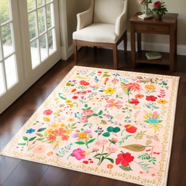 Boho Washable Area Rug 4x6 – Floral Low Pile Non-Slip Carpet for Living Room, Bedroom, Office, Playroom, Entryway, Kitchen, Dining Room (Beige)
