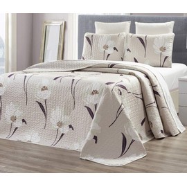 GrandLinen 3-Piece Fine Printed (90" X 88") Quilt Set Reversible Bedspread Coverlet (Double) Full Size Bed Cover (Taupe, Brown, White Tulip Floral)