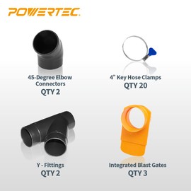 POWERTEC 4 Inch Dust Collection Fittings Kit with Connectors, Blast Gates and Stainless Steel Hose Clamps for 3 Machine Setup, Dust Collection System for Woodworking Dust Collection Hose (70316)