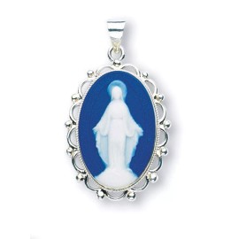 Sterling Silver Cameo Miraculous Mary Pendant Medal Necklace With Chain & Box