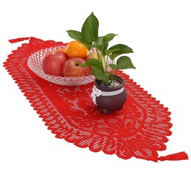 KYEYGWO Hollow Lace Table Runners Elegant Mesh Tablecloth Vintage Macrame Table Cover with Tassels for Rustic Boho Wedding Reception Decoration Bridal Showers, 35'' x 13'' Red