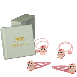 HAARallerliebst Hair Accessories Set (4 Pieces | Owls | Pink) for Girls with Storage Box (Box Colour: White)