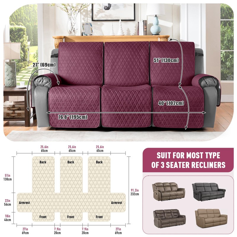 TAOCOCO 100% Waterproof Recliner Cover, Non-Slip Washable Reclining Couch Cover