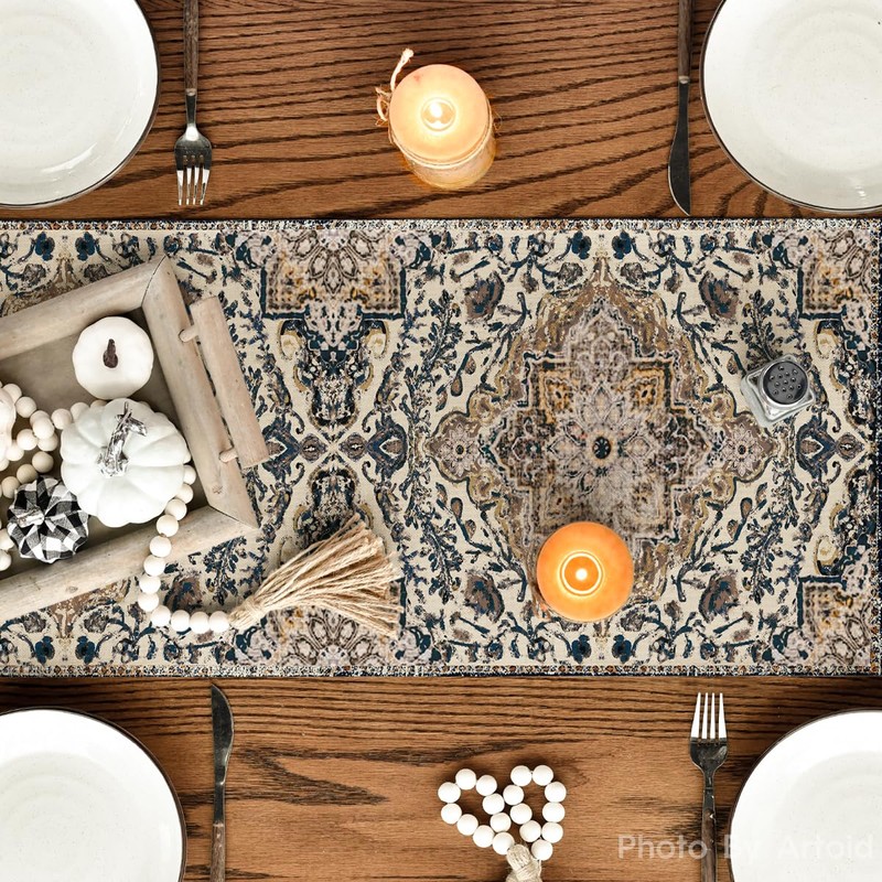 Artoid Mode Boho Bohemia Style Dark Blue Table Runner, Rustic