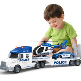 SpringFlower 3 4 5 Boy Toddlers Toys, Extra Large Police Truck Toys with Racing Car and Helicopter, 3 in 1 Police Car Toy Birthday Gifts for 3 4 5 6 Year Old Boys Toddlers Girls