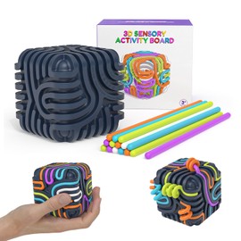 Sensory Activity Board 3D Upgrade, Silicone Cube Fidget Ball Toys, Calming Stress & Anxiety Relief for Kids & Adults, Focus Aid for ADHD Calm Down Autism Includes 15 Strings, with Storage