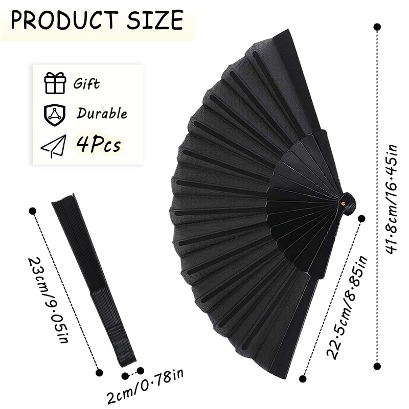 Grantop 4 Pcs Black Folding Hand Fan Set, Silk Fabric