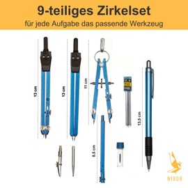 NIBOR Premium Compass Set in Beautiful Colours, Durable, 9-Piece Geometry Set, Suitable for Creating Precision, Blue