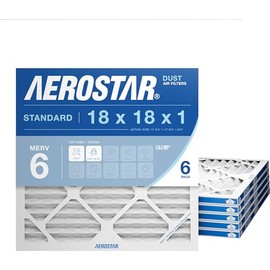 Aerostar 18x18x1 MERV 6 Air Filter, 6 Count, ACTUAL SIZE (17.50 x 17.50 x 0.75), HVAC, Air Conditioning & Furnace Filter for Dust, Lint & Pollen Control (MPR 300 / FPR 3), Made in USA