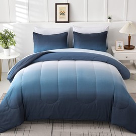 Anibedding Gradient Blue White Comforter Set Full Size 6 Pieces Ombre Navy Blue Bed in a Bag Complete Bedding Set - Breathable Solid Ocean Sea Blue Bed Sets with Flat/Fitted Sheet