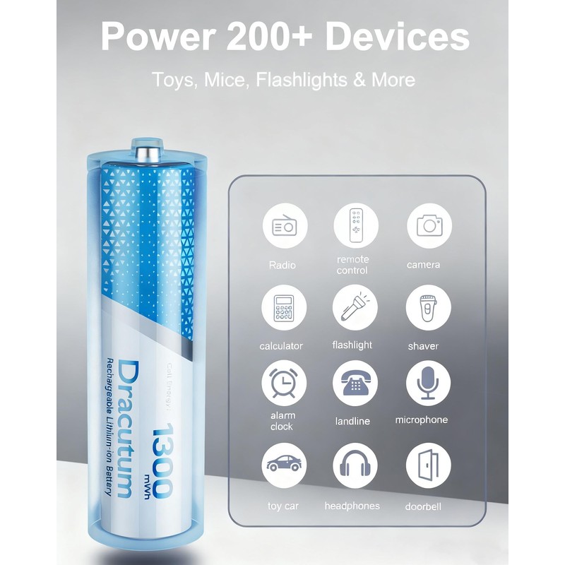 Dracutum Rechargeable AAA Batteries 8 Pack, 1300mWh High Capacity 1.5V